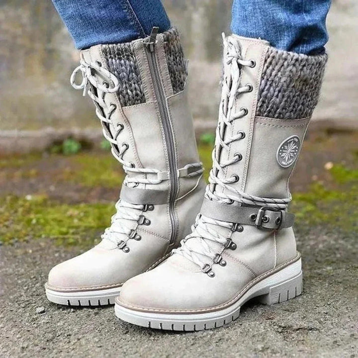 Lune London | Knee-high boots - Lace-up front - Wool cuff - Side zip - Buckle strap