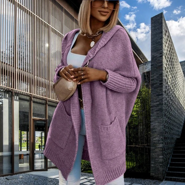 Lune London | Cardigan Plus Size Wool-Like Knit Hooded Open Front Pockets