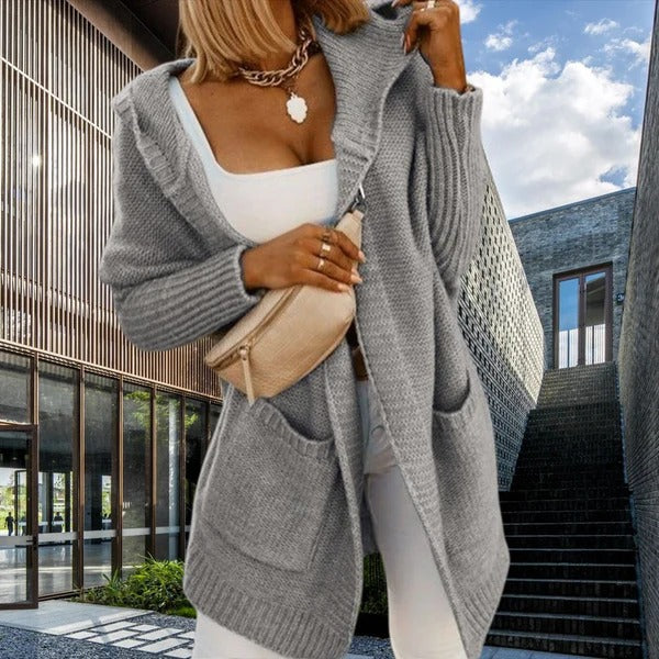 Lune London | Cardigan Plus Size Wool-Like Knit Hooded Open Front Pockets