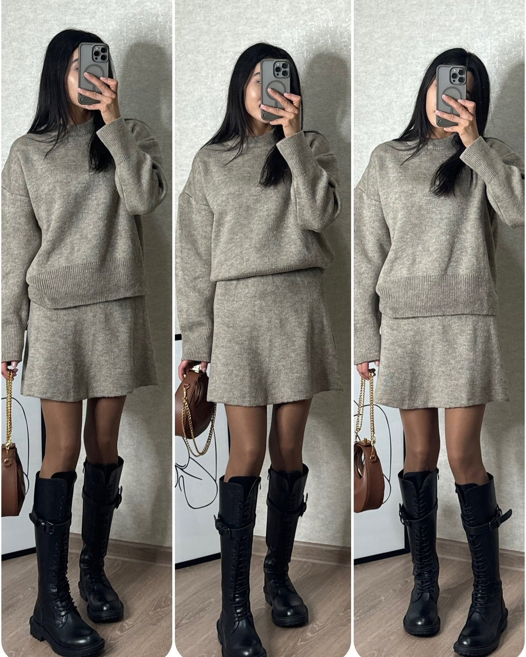 Lune London | Knitted set with sweater and mini skirt - Fashionable autumn winter look, casual and elegant