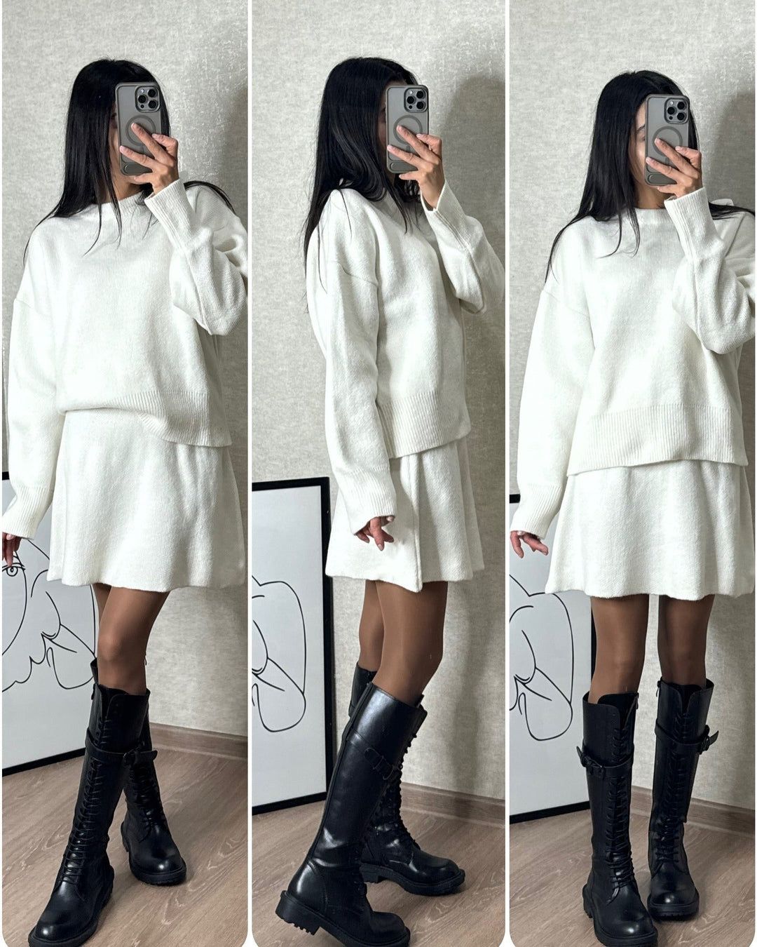 Lune London | Knitted set with sweater and mini skirt - Fashionable autumn winter look, casual and elegant