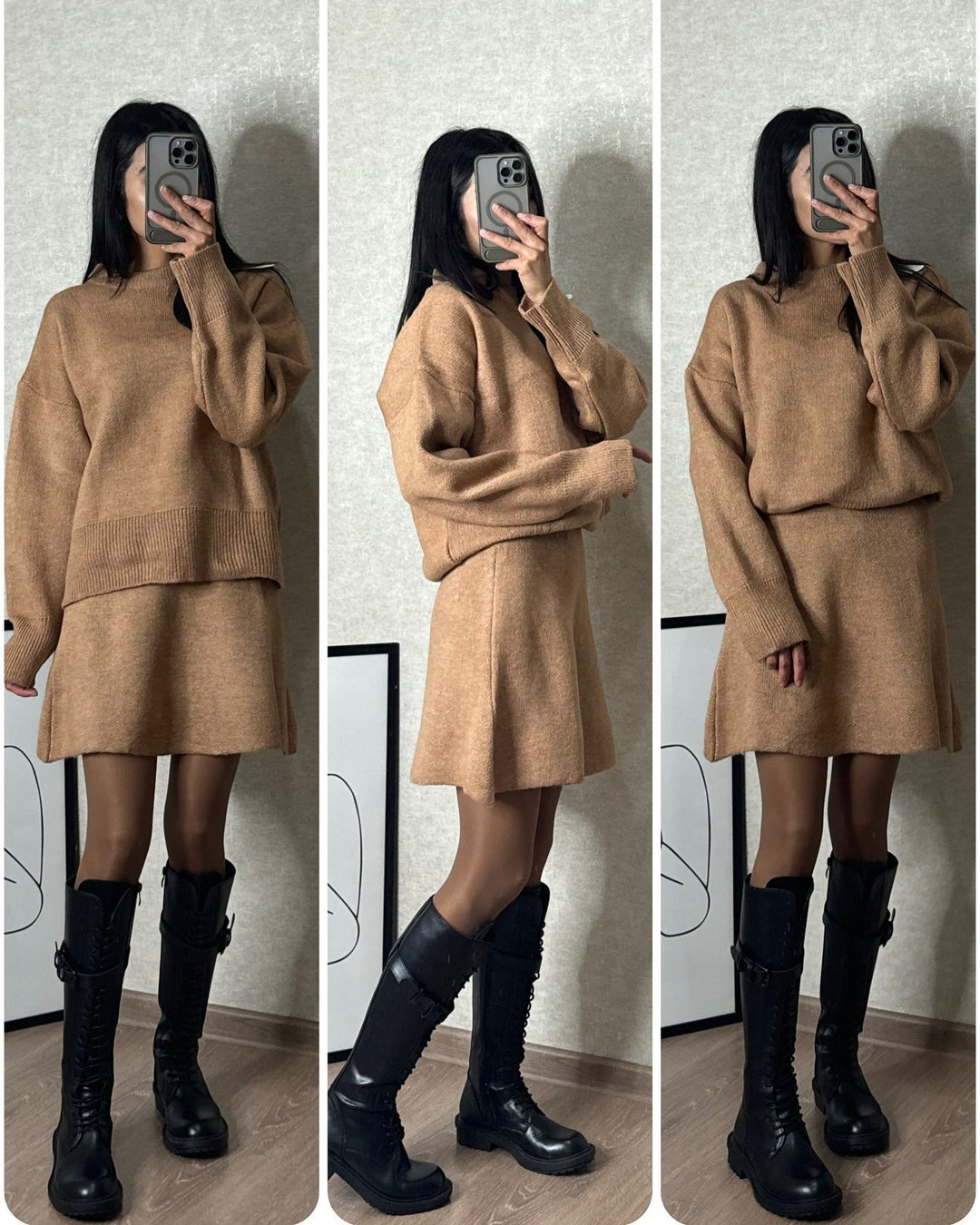 Lune London | Knitted set with sweater and mini skirt - Fashionable autumn winter look, casual and elegant