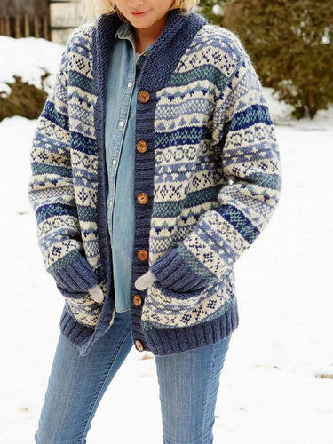 Lune London | Knitted Cardigan Wool Knit Casual Fit Shawl Collar Fair Isle Pattern Snap Button Front