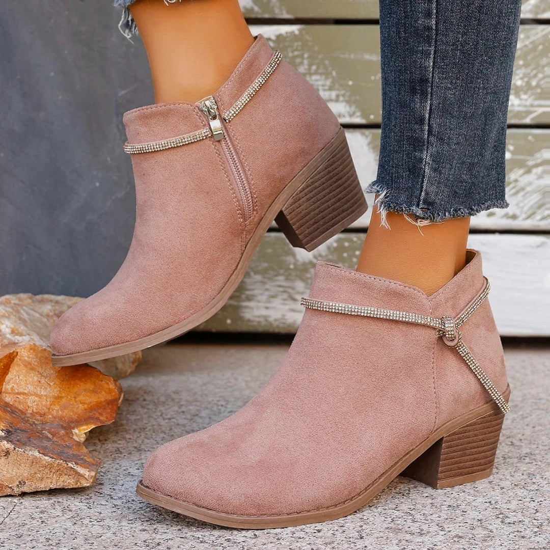 Lune London | Ankle Boots - Suede Finish - Block Heel - Zipper - Adjustable Detail