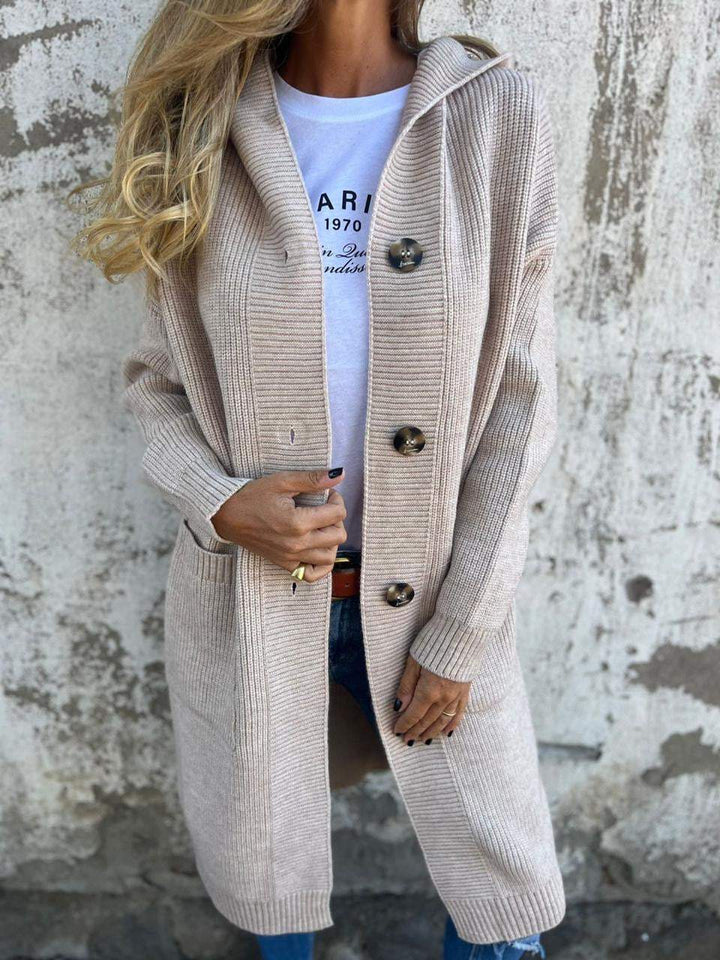 Lune London | Cardigan - Longer Open Front - Ribbed Knit - Button Closure & Front Pockets