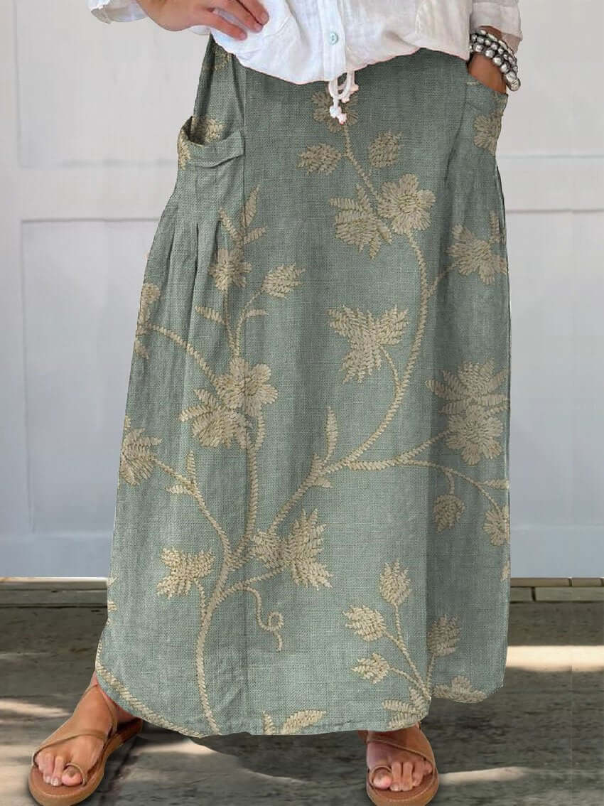 Lune London | Retro Elegant Floral Art Linen Elastic Waist Pocket Skirt