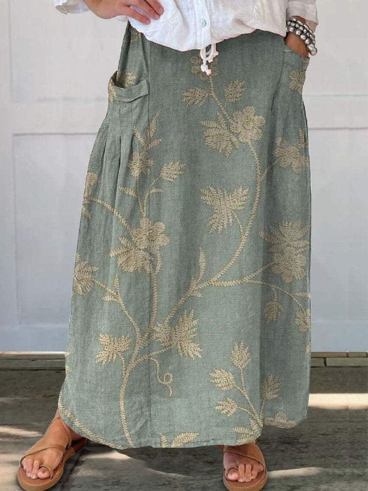 Lune London | Retro Elegant Floral Art Linen Elastic Waist Pocket Skirt