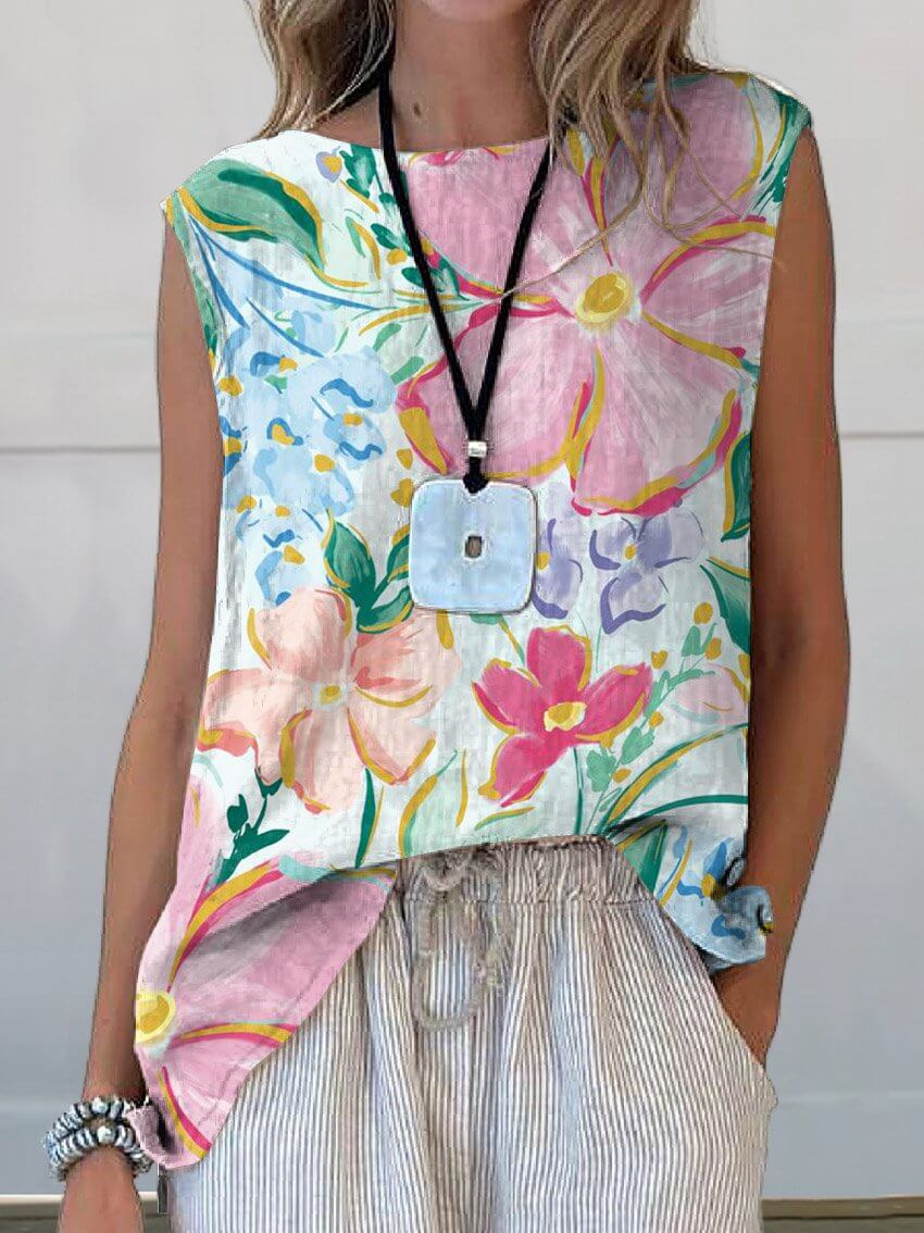 Chic Und Stil | Beautiful Floral Art Print Cotton and Linen Tank Top