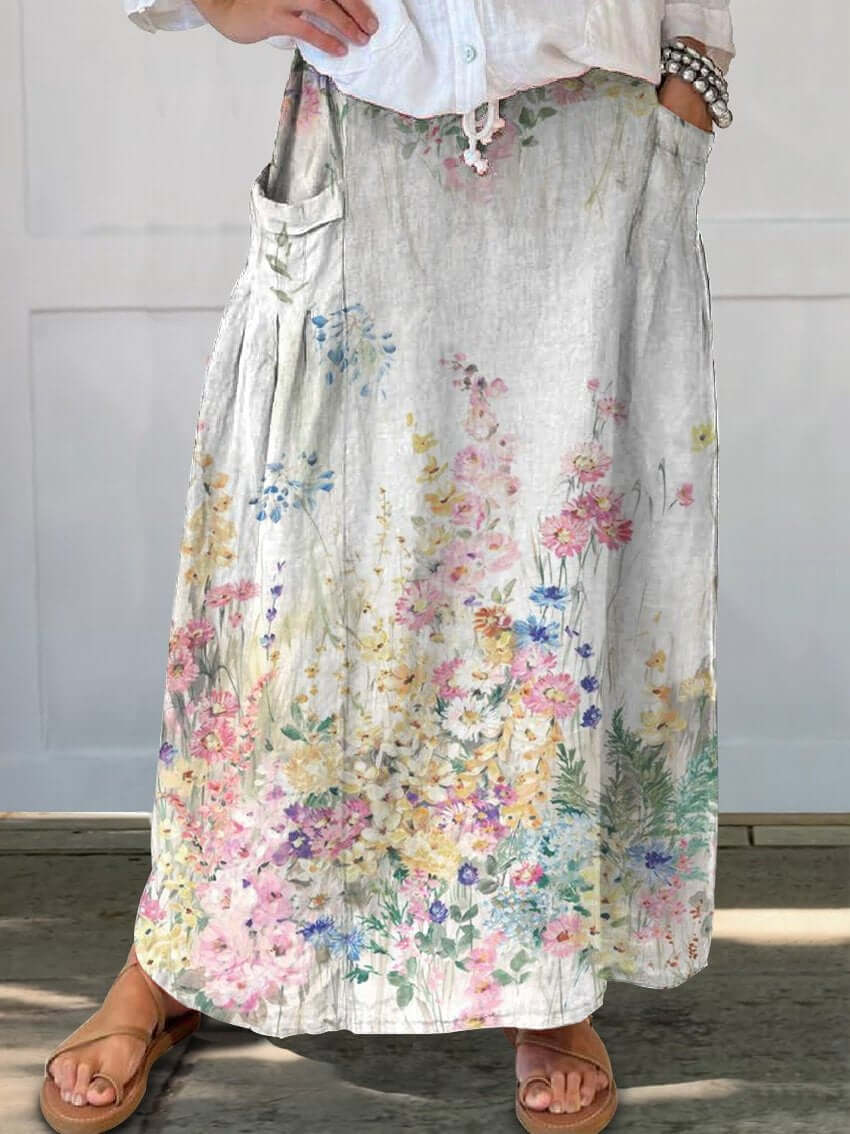 Lune London | Retro Elegant Floral Art Linen Elastic Waist Pocket Skirt