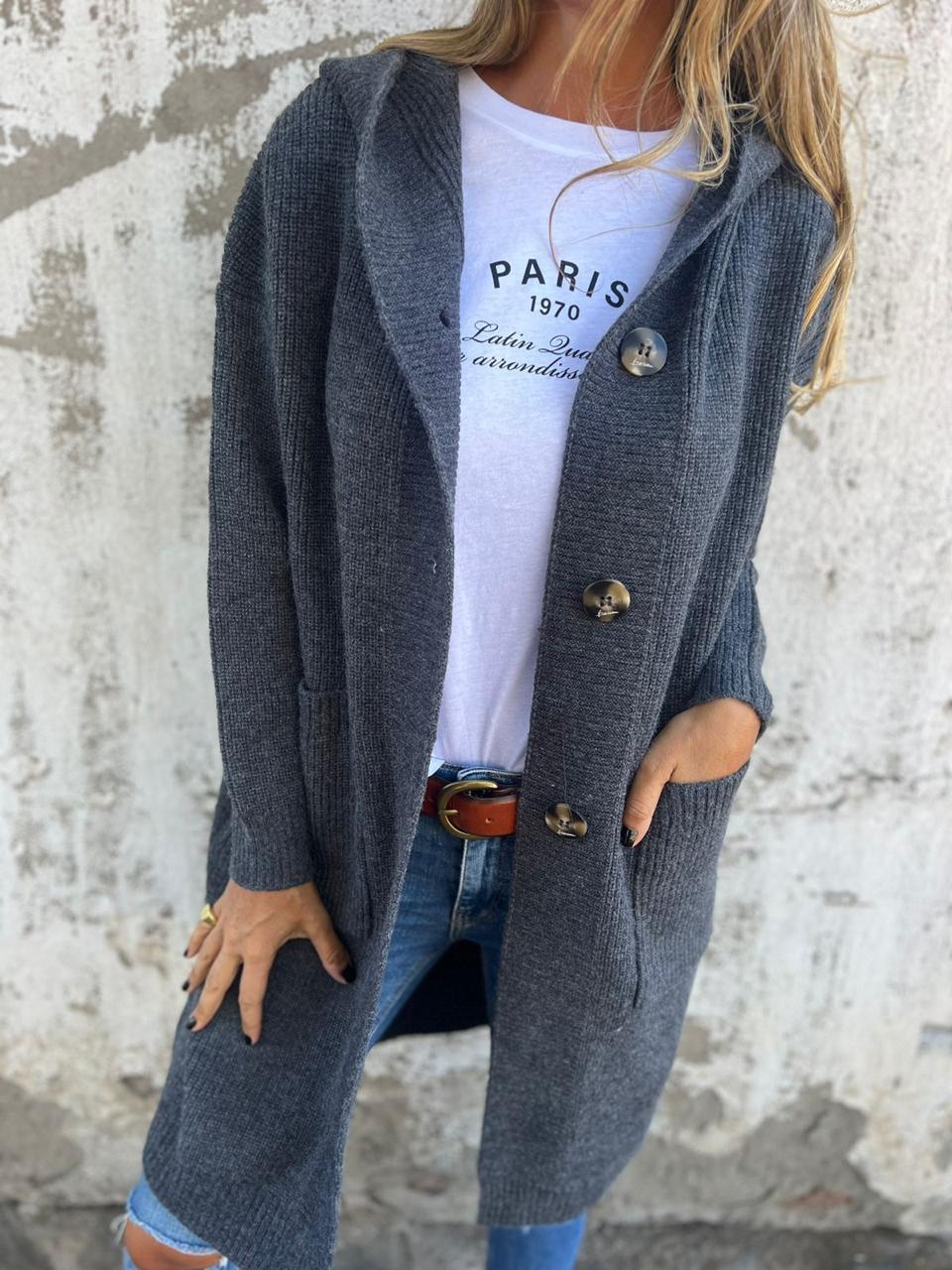Lune London | Cardigan - Longer Open Front - Ribbed Knit - Button Closure & Front Pockets