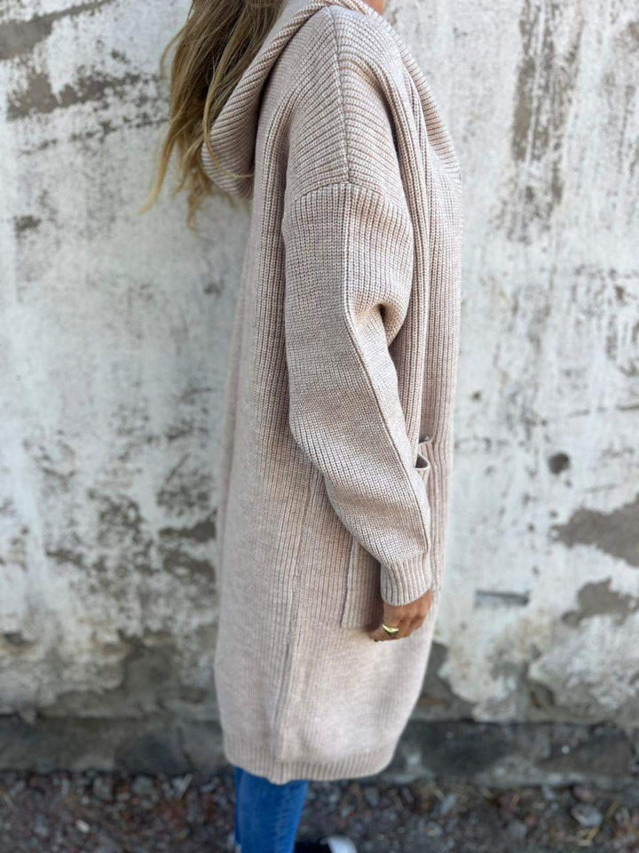 Lune London | Cardigan - Longer Open Front - Ribbed Knit - Button Closure & Front Pockets