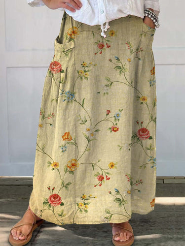 Lune London | Retro Elegant Floral Art Linen Elastic Waist Pocket Skirt