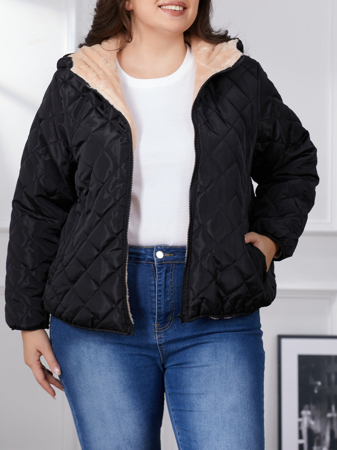Lune London | Plus Size Color Combination Quilted Jacket with Hood