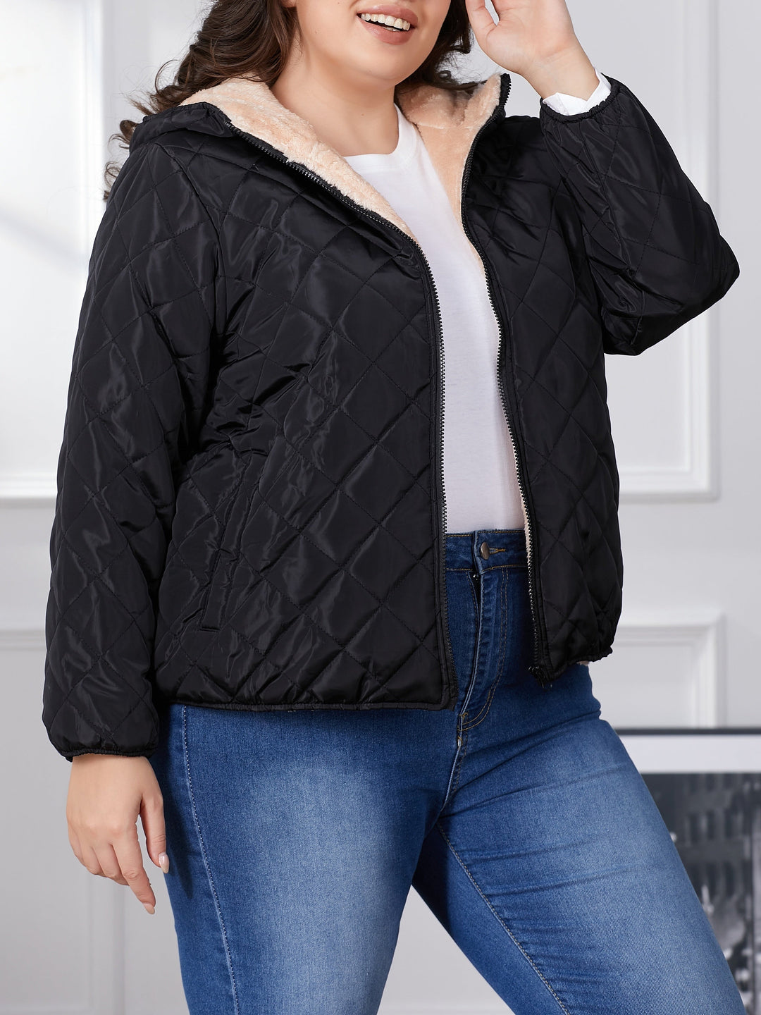 Lune London | Plus Size Color Combination Quilted Jacket with Hood
