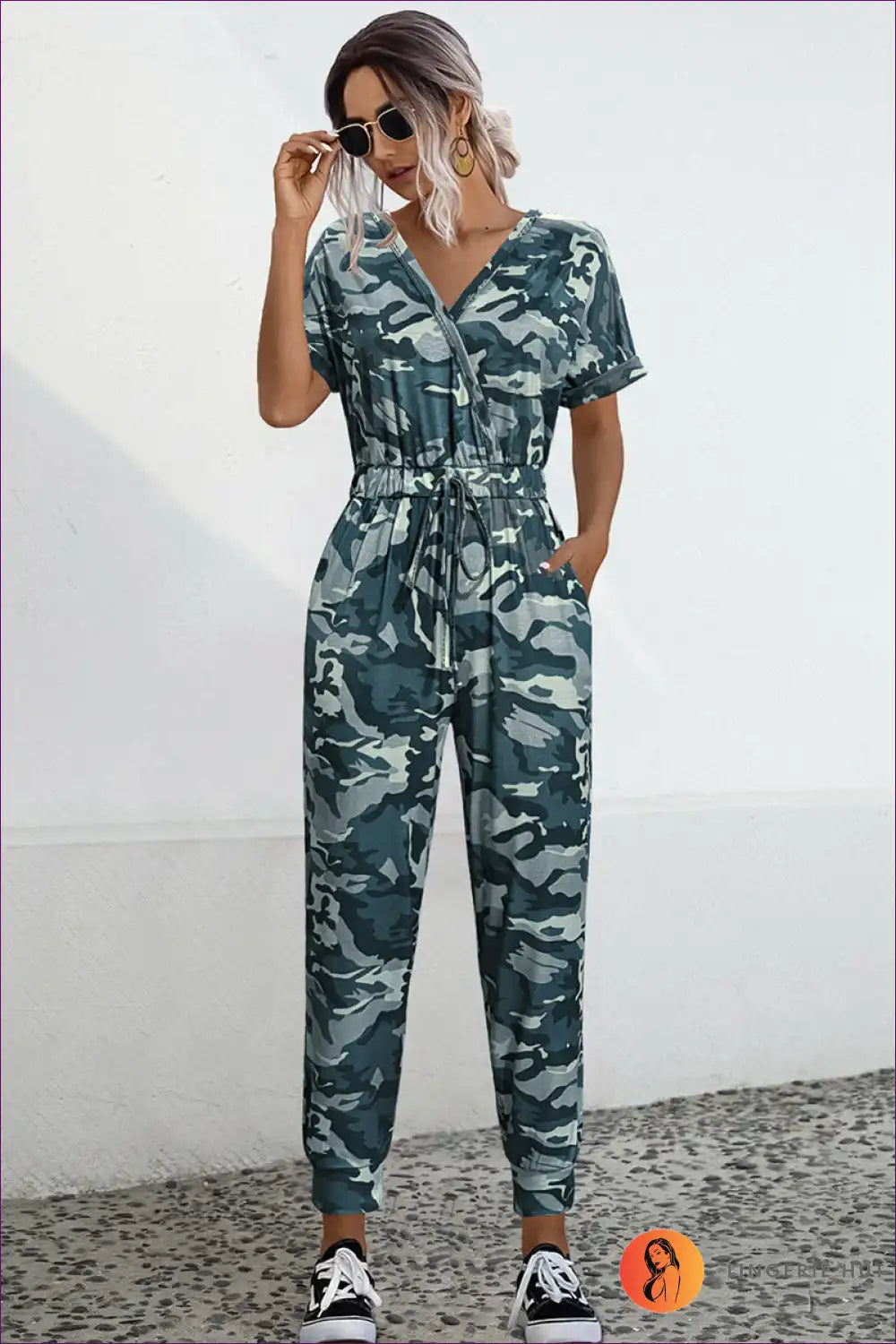 Lune London | Camo V-Neck Tie Jumpsuit - Effortless Summer Cool