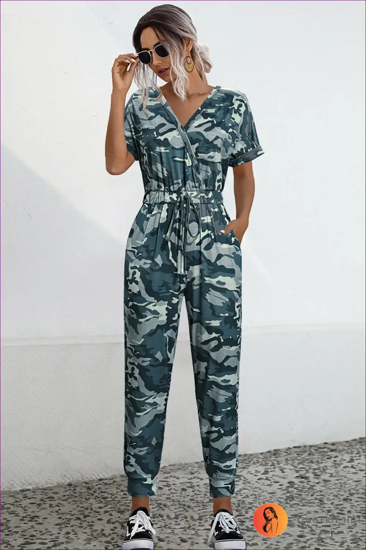 Lune London | Camo V-Neck Tie Jumpsuit - Effortless Summer Cool