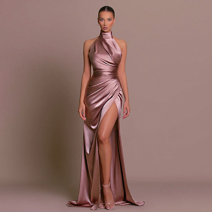 Lune London | Luxurious High Neck Halter Ruched Side Slit Satin Maxi Dress Evening Dress