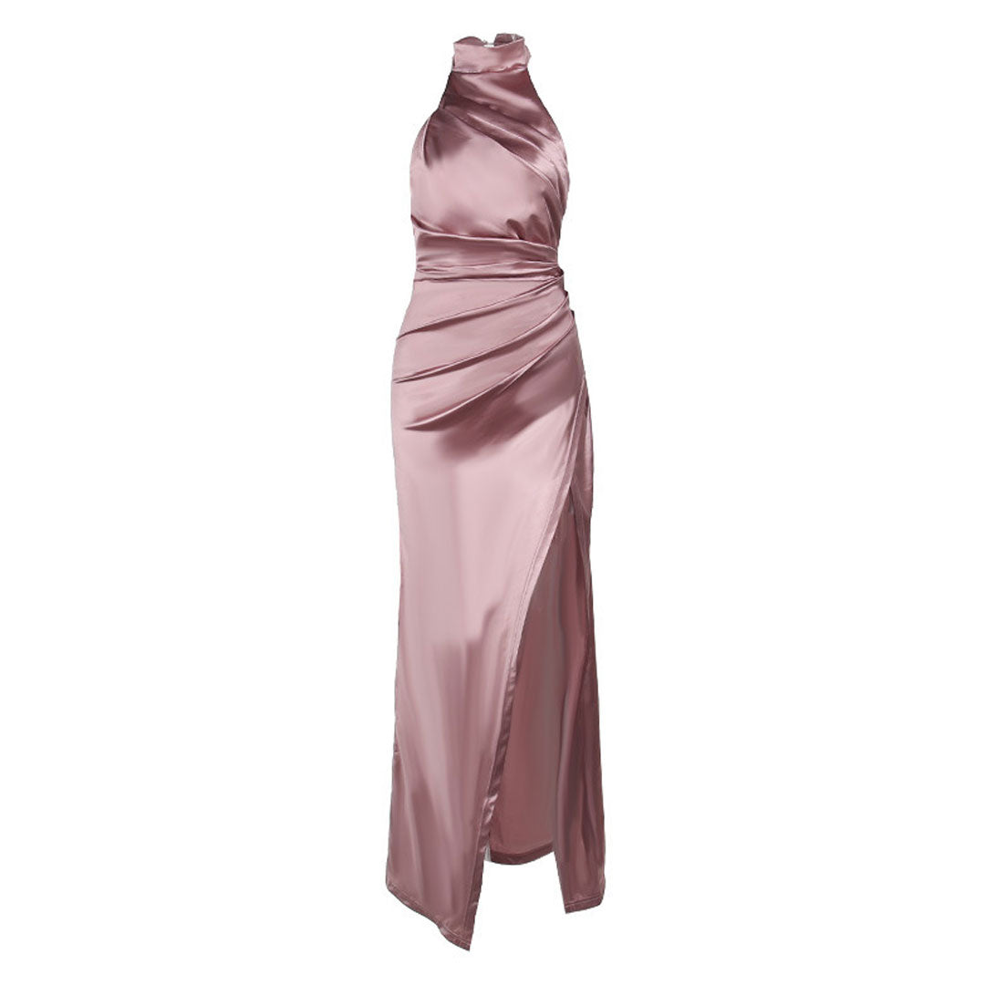 Lune London | Luxurious High Neck Halter Ruched Side Slit Satin Maxi Dress Evening Dress