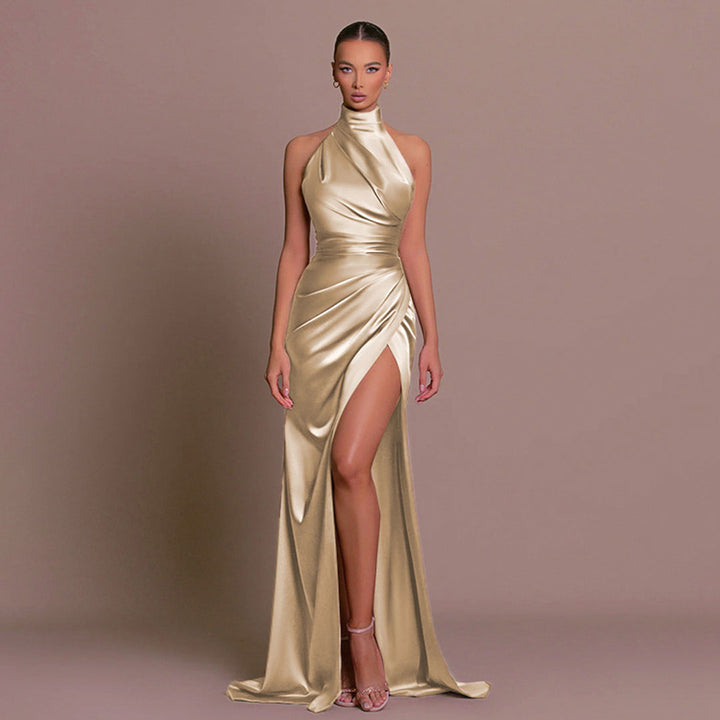 Lune London | Luxurious High Neck Halter Ruched Side Slit Satin Maxi Dress Evening Dress