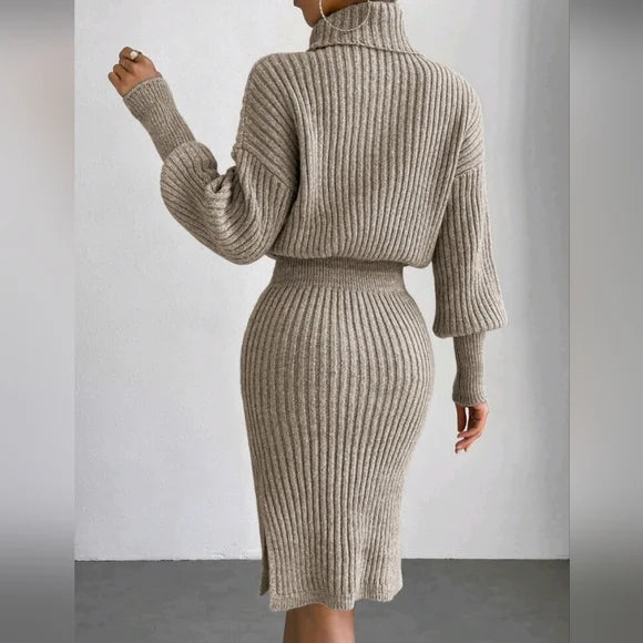 Lune London | Chic Winter Khaki Fitted Turtleneck Dress for Women