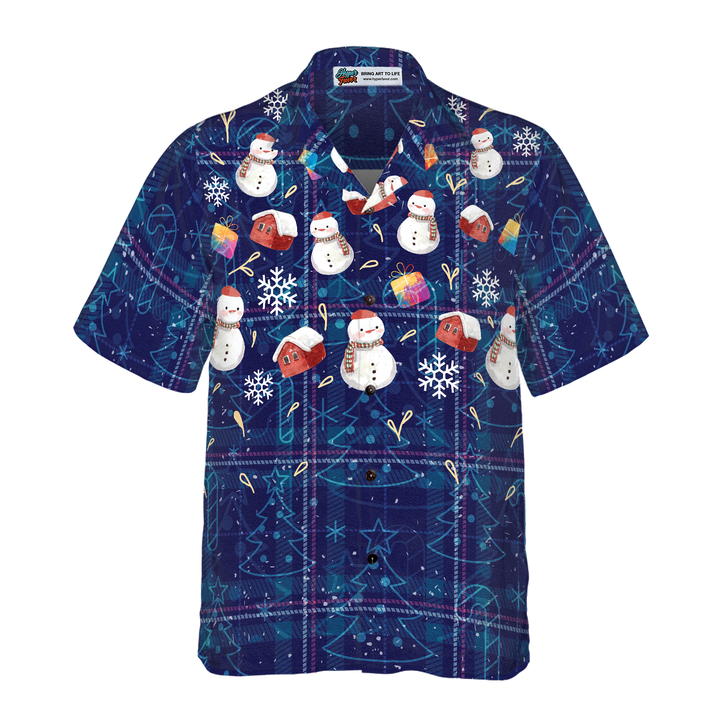 Lune London | Hyperfavor Christmas Hawaiian Shirts, dark blue plaid shirt with snowman patterns and short sleeves, Christmas shirt gift idea for men and women