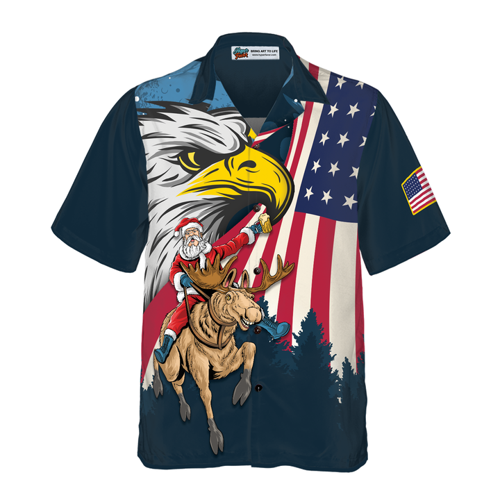 Lune London | Christmas Hawaiian Shirts Hyperfavor, Santa with American Flag 2 Short Sleeve Shirt, Christmas Gift Shirt Idea for Men and Women