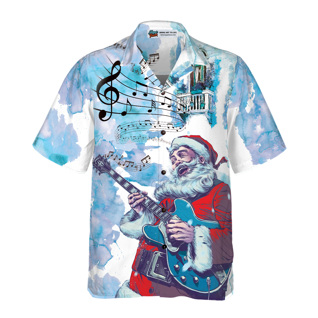 Lune London | Chemises hawaïennes de Noël Hyperfavor, chemise à motif de musique de guitare du Père Noël à manches courtes, idée de chemises de Noël cadeaux pour hommes et femmes