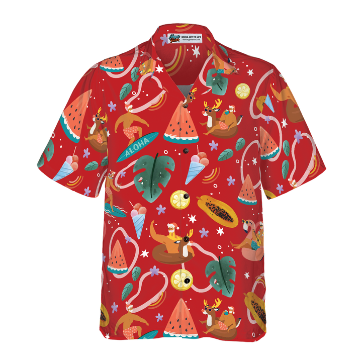 Lune London | Hyperfavor Santa Surfing 3 Motif Hawaiian Shirt, Christmas Short Sleeve Button-Up Shirt for Men and Women