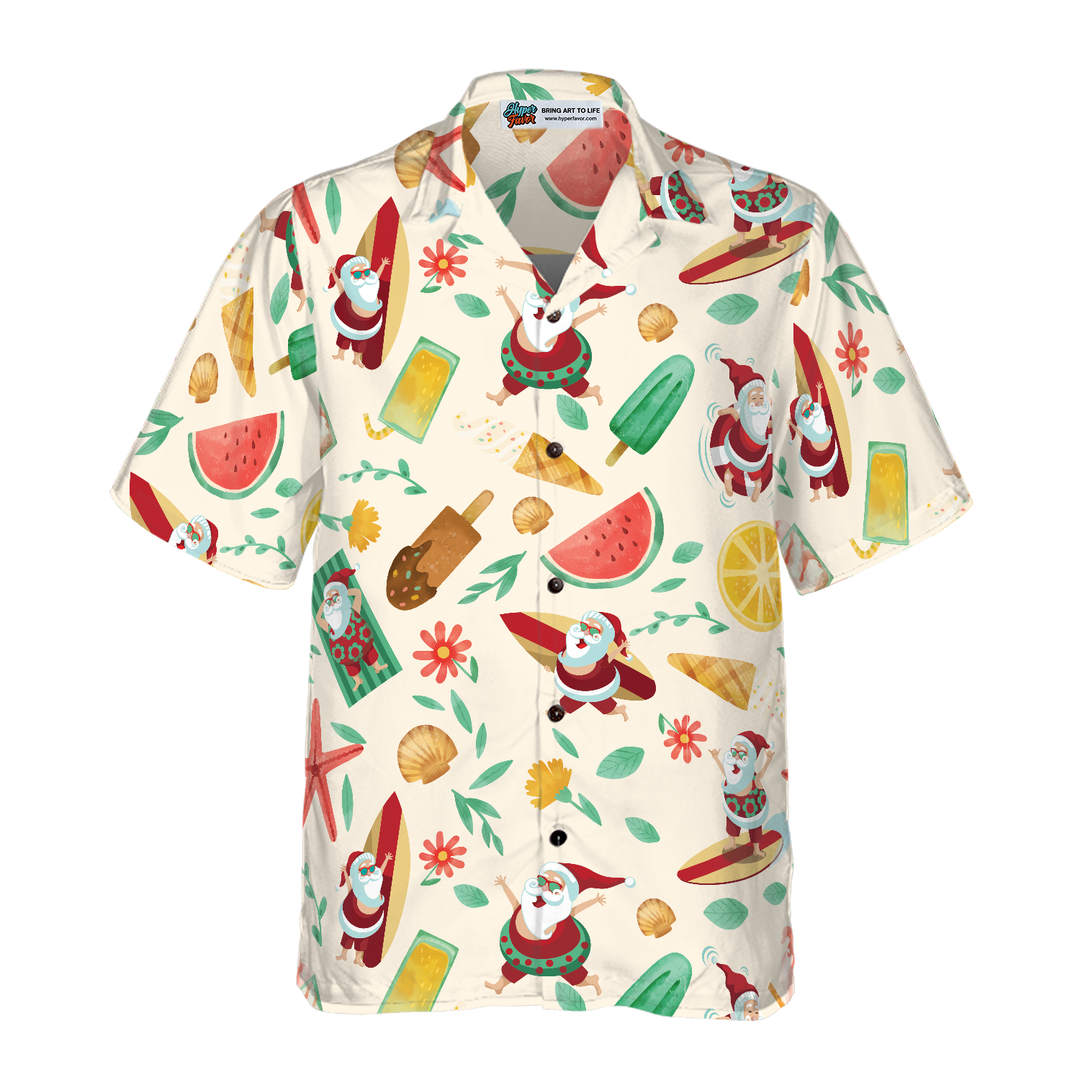 Lune London | Hyperfavor Santa Surfing 1 Pattern Hawaiian Shirt, Christmas Short Sleeve Button-Up Shirt For Men And Women