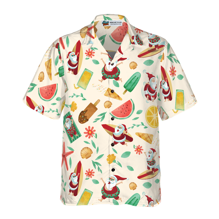 Lune London | Hyperfavor Santa Surfing 1 Pattern Hawaiian Shirt, Christmas Short Sleeve Button-Up Shirt For Men And Women
