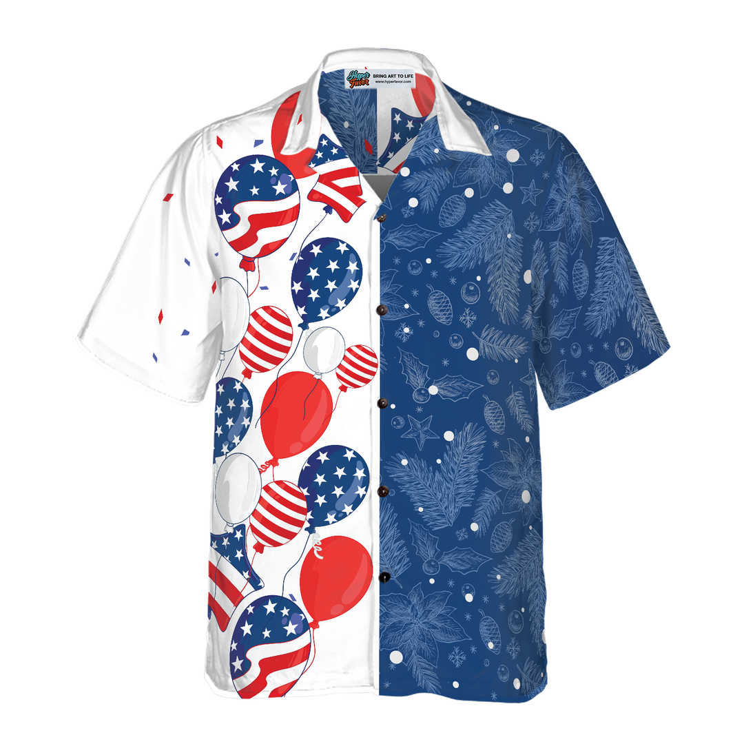 Lune London | Hyperfavor Christmas USA Balloons Pattern Hawaii Shirt, Christmas Short Sleeve Button-Up Shirt for Men and Women