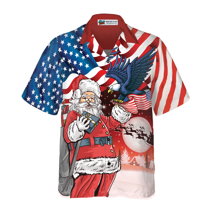 Lune London | Eagle, sitting on Santa Claus's hand with an American flag, Hawaiian shirt, gift idea for Christmas shirts for men and women
