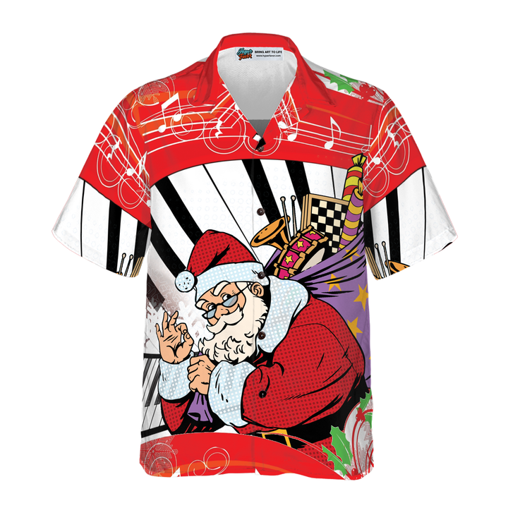 Lune London | Hyperfavor Christmas Hawaiian Shirts, Santa with Piano Background Short Sleeve T-Shirt, Christmas Gift Idea for Men and Women