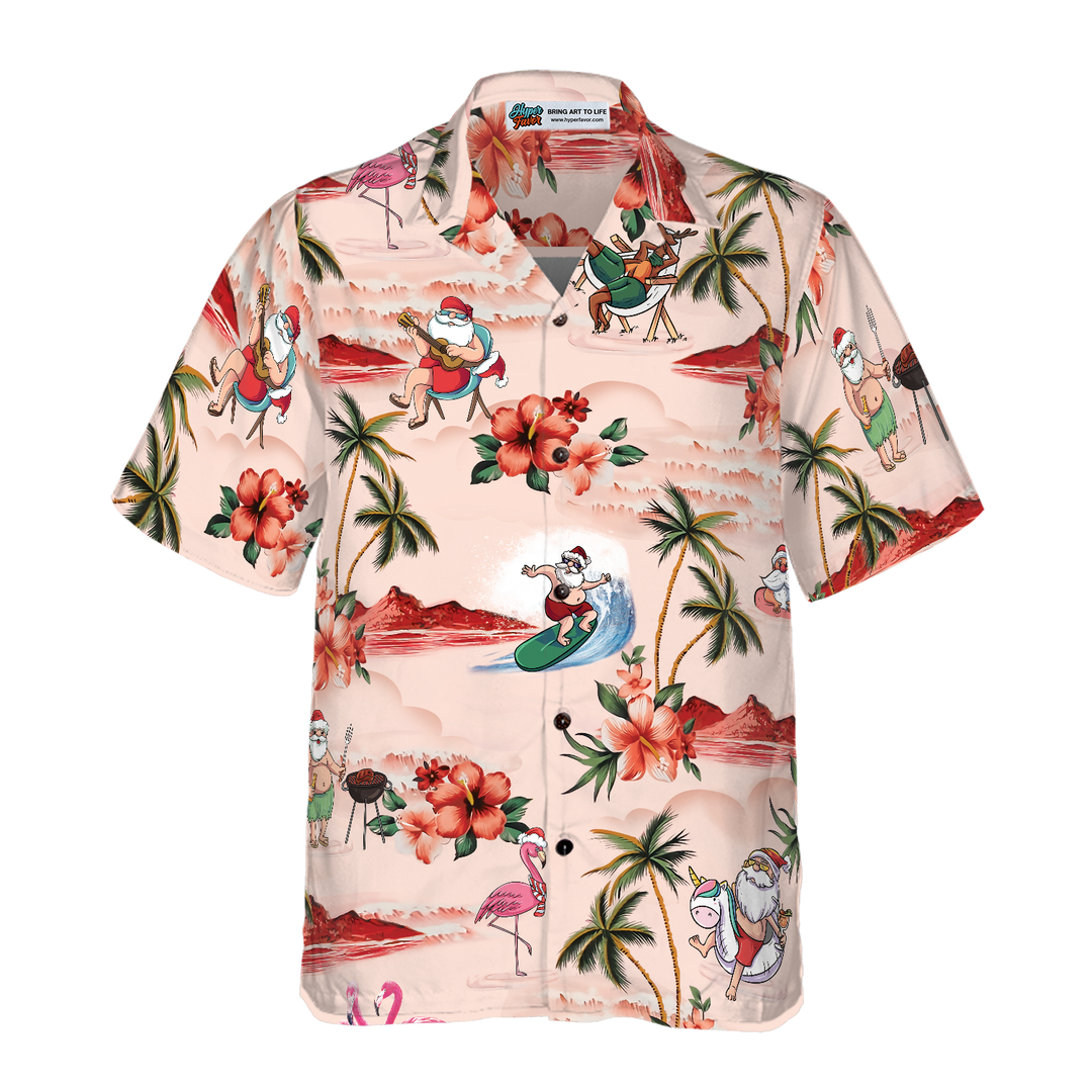 Lune London | Hyperfavorite Christmas Hawaiian Shirts for Men and Women, Button-Up Hawaiian Shirt with Christmas Santa Beach Print Short Sleeves