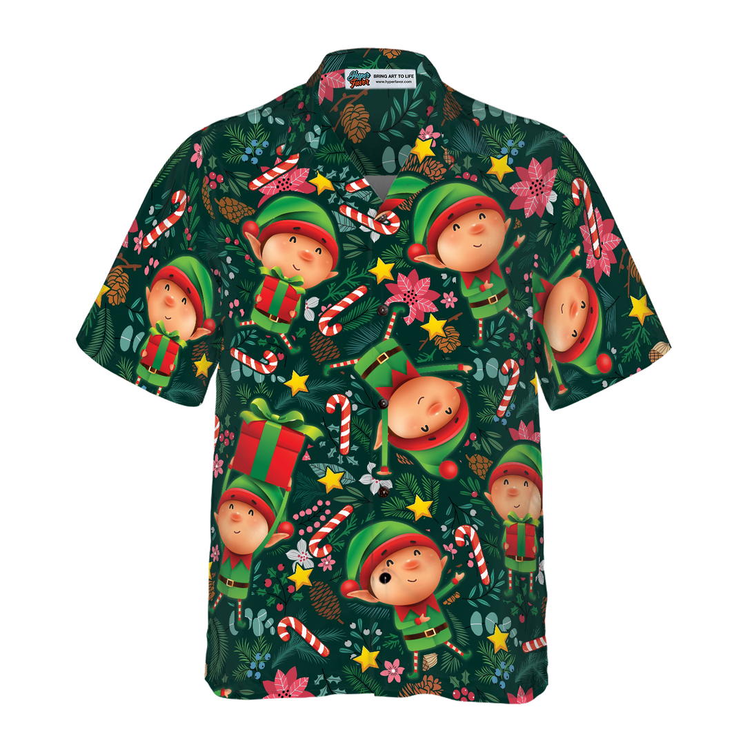 Lune London | Hawaiian shirts Hyperfavor Christmas, The short-sleeve Christmas Elf shirt with dark green pattern, Christmas shirt gift idea for men and women