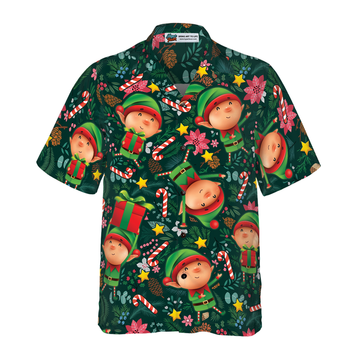 Lune London | Hawaiian shirts Hyperfavor Christmas, The short-sleeve Christmas Elf shirt with dark green pattern, Christmas shirt gift idea for men and women
