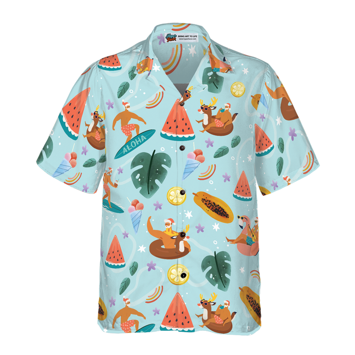 Lune London | Hyperfavor Santa Beach 2 Motif Chemise Hawaii, Chemises de Noël à manches courtes chemise à bouton pour hommes et femmes