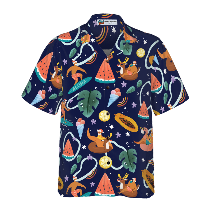 Lune London | Hyperfavor Santa Beach 1 Motif Chemise hawaïenne, Chemises de Noël à manches courtes Chemise à bouton pour hommes et femmes