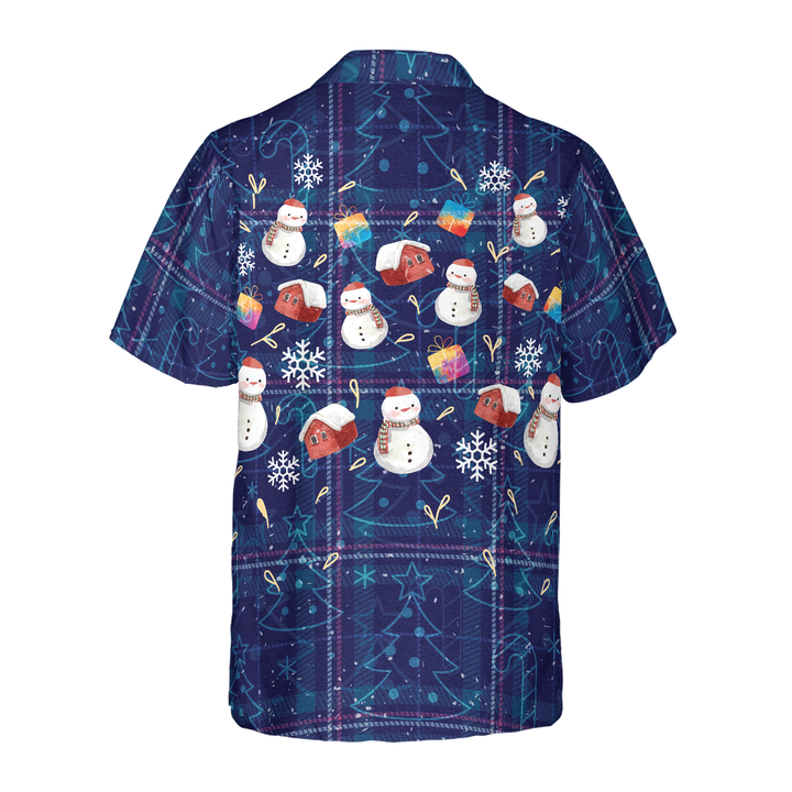 Lune London | Hyperfavor Christmas Hawaiian Shirts, dark blue plaid shirt with snowman patterns and short sleeves, Christmas shirt gift idea for men and women