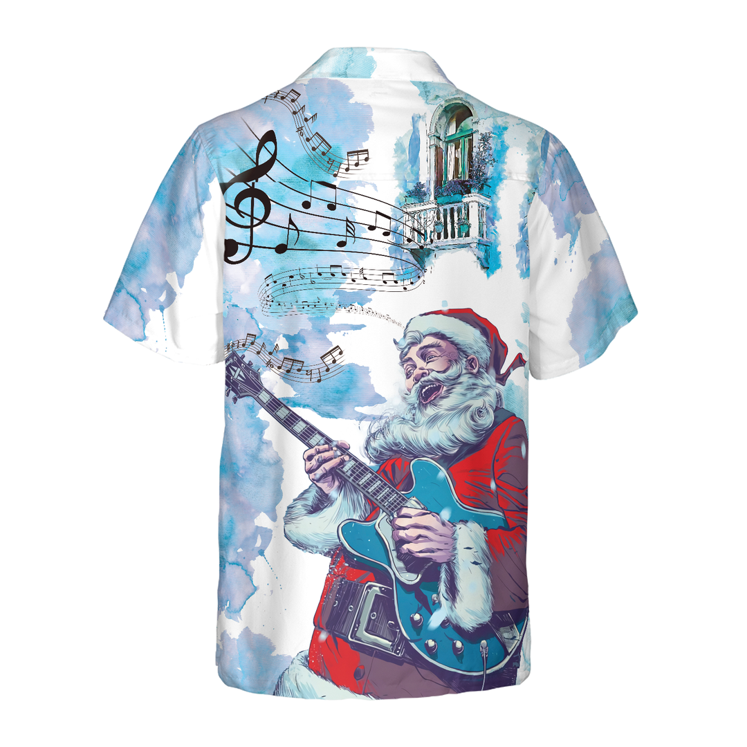 Lune London | Chemises hawaïennes de Noël Hyperfavor, chemise à motif de musique de guitare du Père Noël à manches courtes, idée de chemises de Noël cadeaux pour hommes et femmes