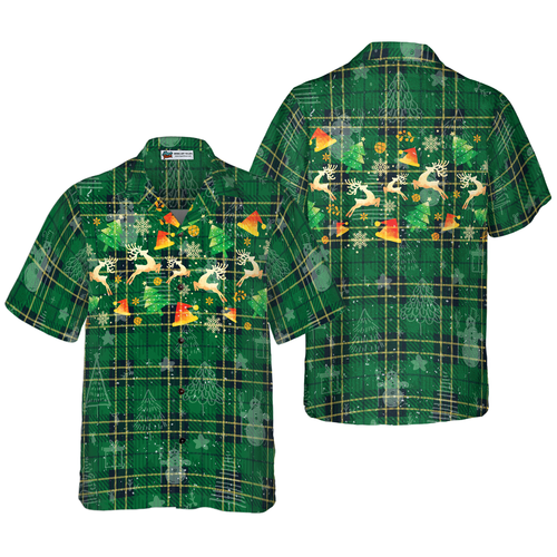 Lune London | Christmas Hyperfavor Hawaiian Shirts for Men and Women, Christmas Green Plaid Hawaiian Shirt with Reindeer Pattern and Short Sleeve Button Placket