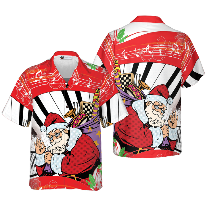 Lune London | Hyperfavor Christmas Hawaiian Shirts, Santa with Piano Background Short Sleeve T-Shirt, Christmas Gift Idea for Men and Women