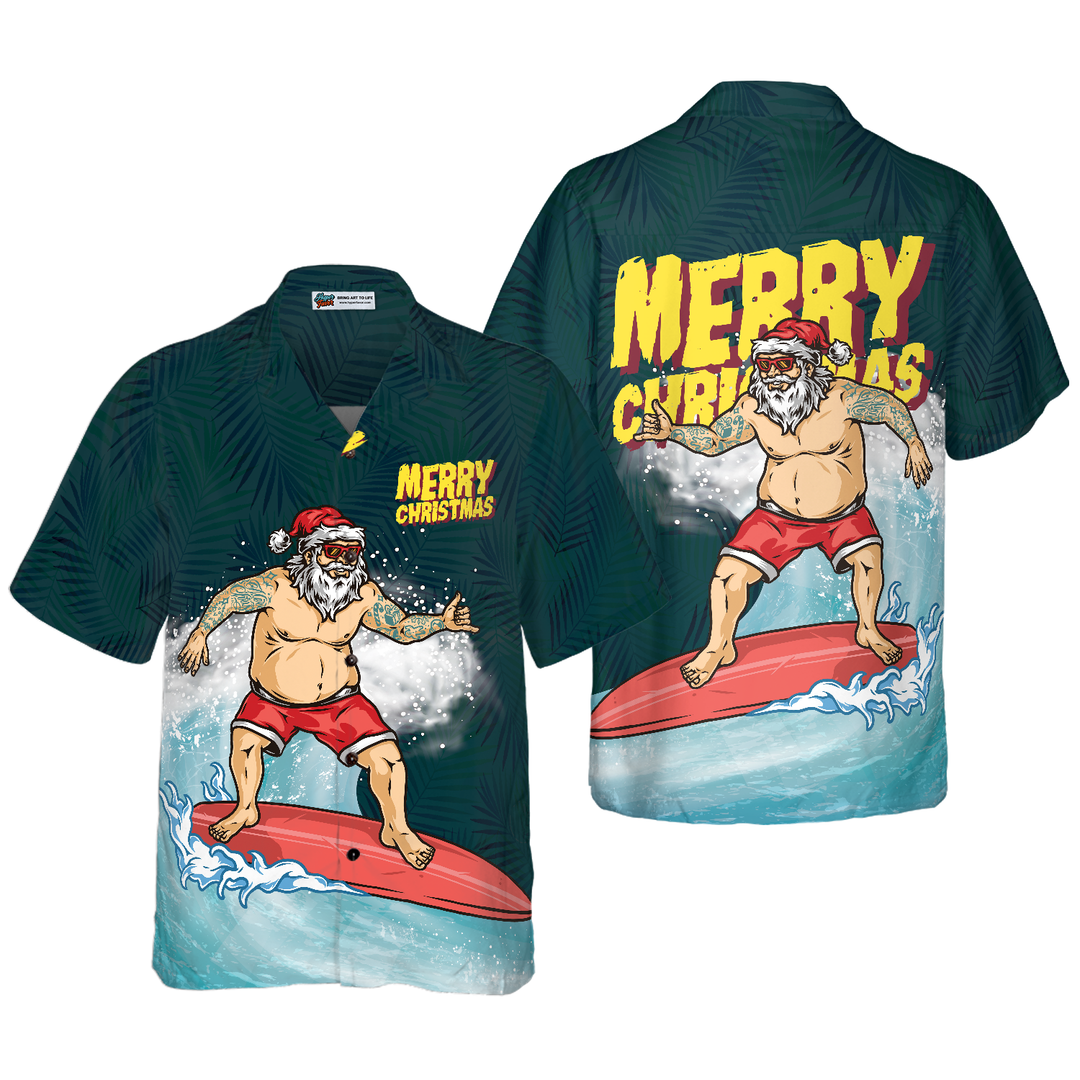Lune London | Christmas Hawaiian Shirts Hyperfavor, Merry Santa Surf Short Sleeve Christmas T-Shirt, Christmas Shirt Gift Idea for Men and Women