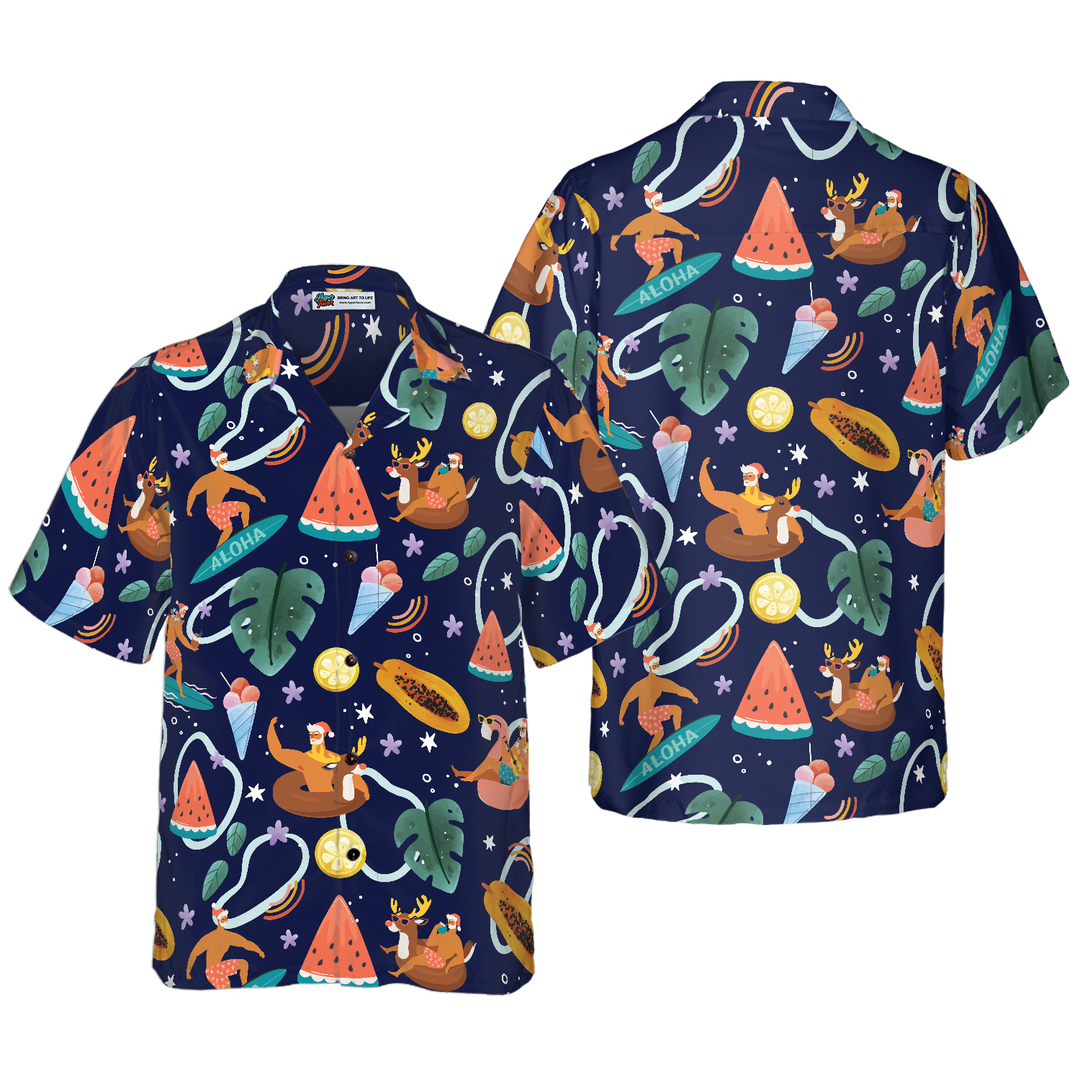Lune London | Hyperfavor Santa Beach 1 Motif Chemise hawaïenne, Chemises de Noël à manches courtes Chemise à bouton pour hommes et femmes