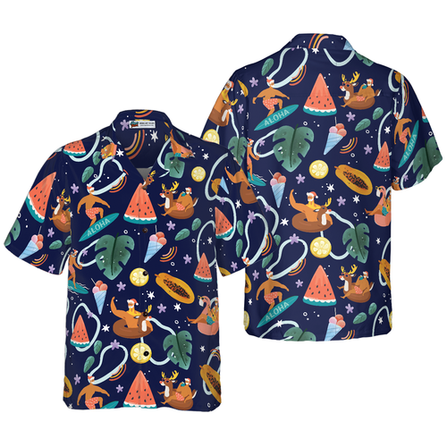 Lune London | Hyperfavor Santa Beach 1 Motif Chemise hawaïenne, Chemises de Noël à manches courtes Chemise à bouton pour hommes et femmes