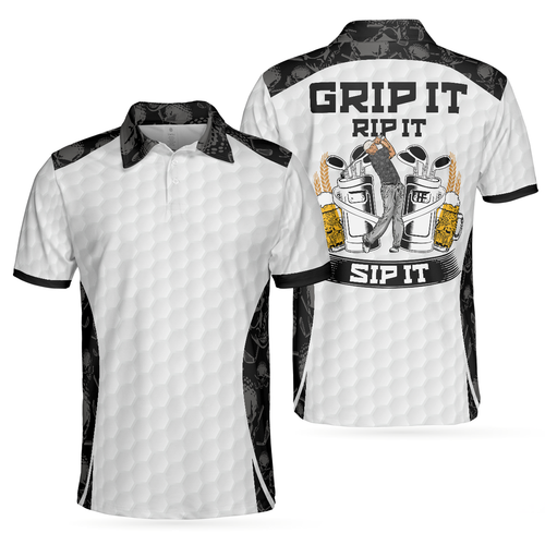 Lune London | Grip It Rip It Sip It White Golf Polo, Skull Pattern Shirt for Christmas, Spooky Gift Idea for Golfers