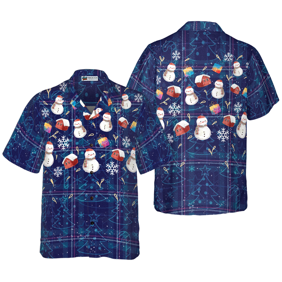 Lune London | Hyperfavor Christmas Hawaiian Shirts, dark blue plaid shirt with snowman patterns and short sleeves, Christmas shirt gift idea for men and women