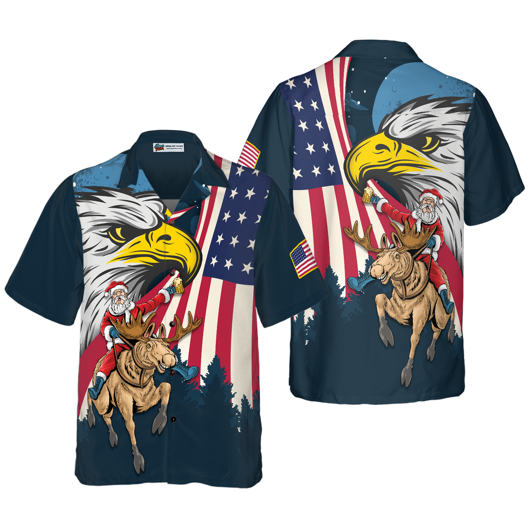 Lune London | Christmas Hawaiian Shirts Hyperfavor, Santa with American Flag 2 Short Sleeve Shirt, Christmas Gift Shirt Idea for Men and Women