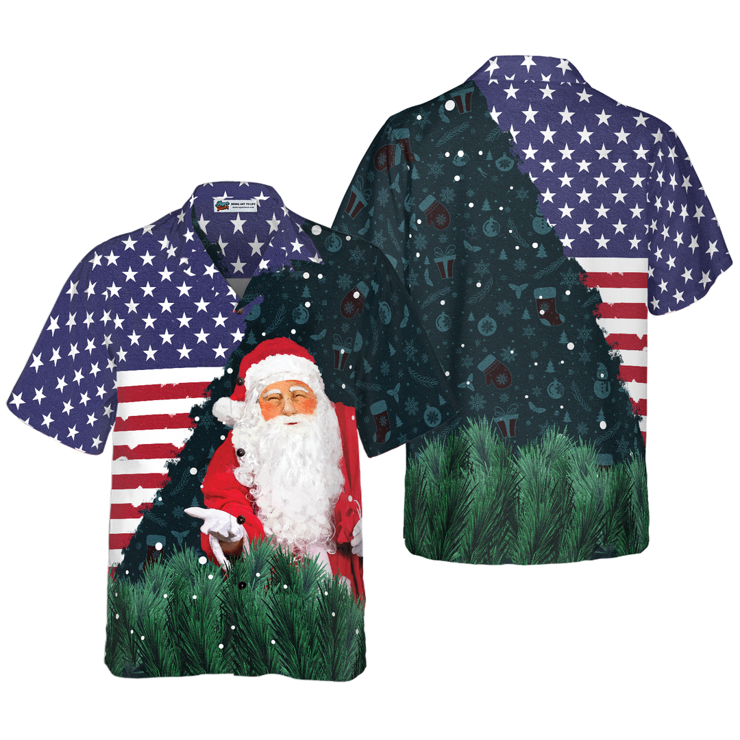 Lune London | Hyperfavor Christmas Hawaiian Shirts, Santa USA Flag Pattern Short Sleeve Shirt, Christmas Gift Idea For Men and Women