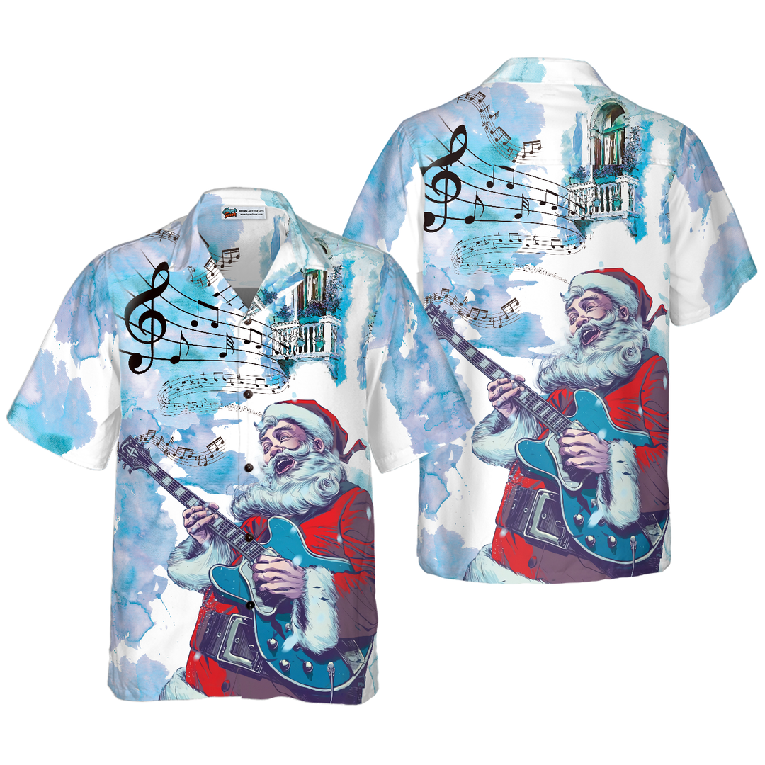 Lune London | Chemises hawaïennes de Noël Hyperfavor, chemise à motif de musique de guitare du Père Noël à manches courtes, idée de chemises de Noël cadeaux pour hommes et femmes
